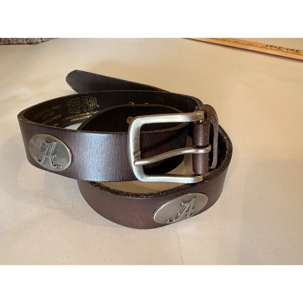 Zep-Pro Alabama Belt Size 38 Brown Leather Silver Tone A Accents Buckle RollTide